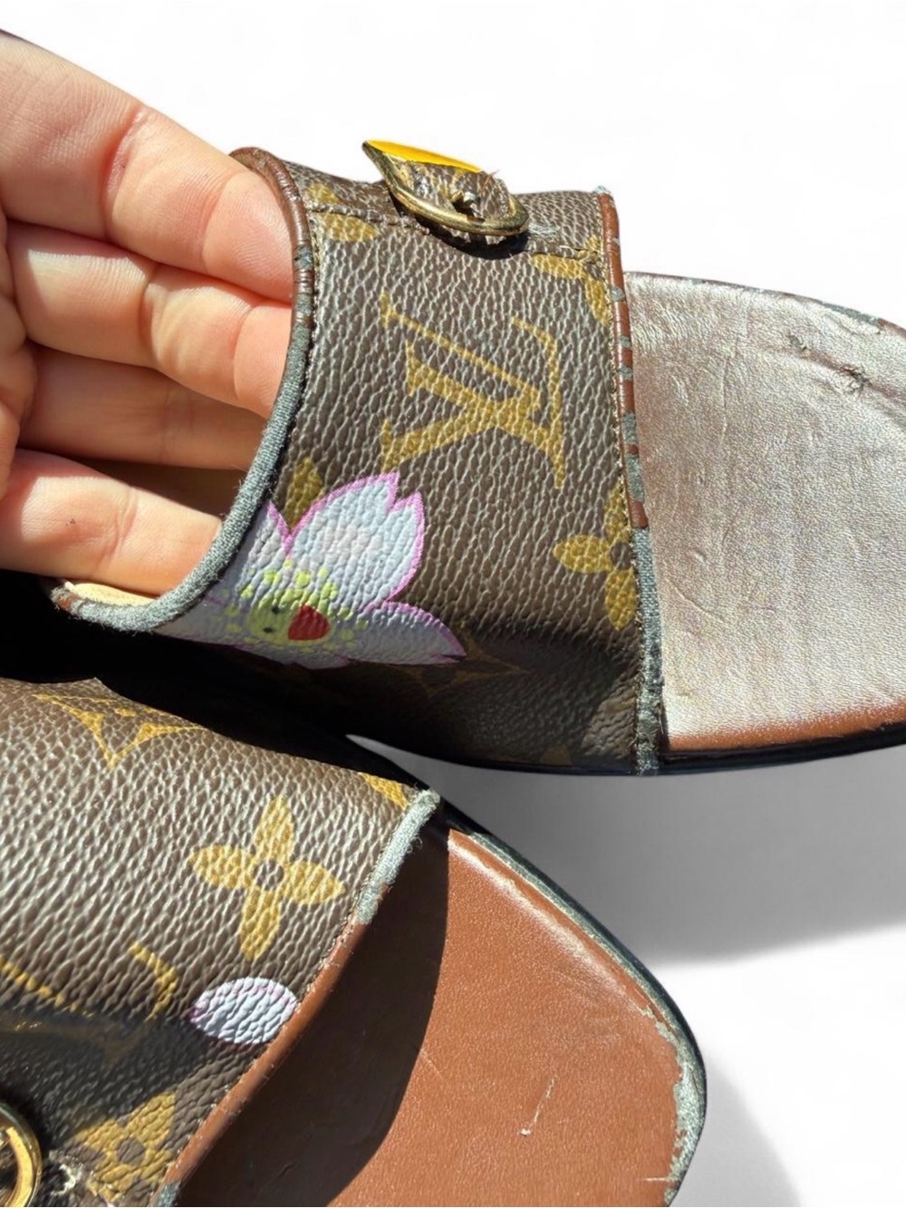 Louis Vuitton cherry blossom Brown Monogram Floral Slide Mules sandals gold acce